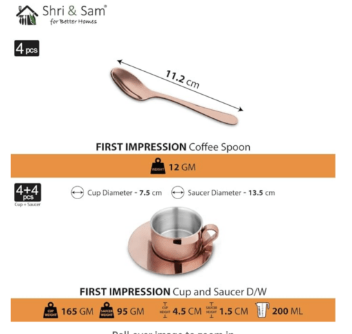 Shri & Sam Stainless Steel with Rose Gold PVD Coating 4 Pieces First Impression Double Wall Cup and Saucer Set - Image 3